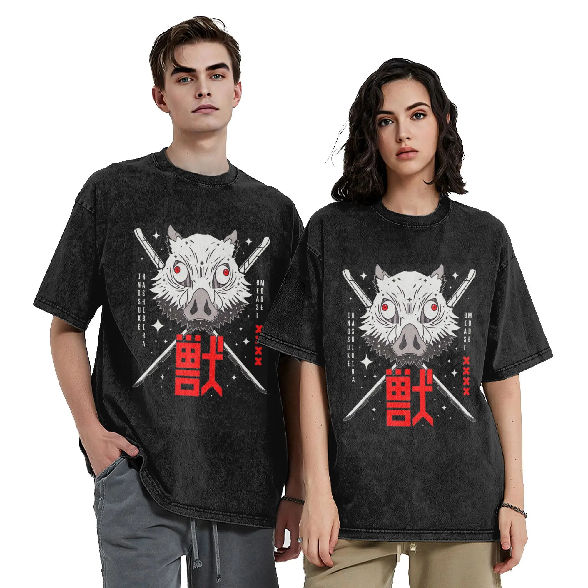 

Мужские и женские винтажные потертые футболки Inosuke Beast Breathing User Demon Slayer, одежда из 100% хлопка, новинка, футболки с круглым вырезом