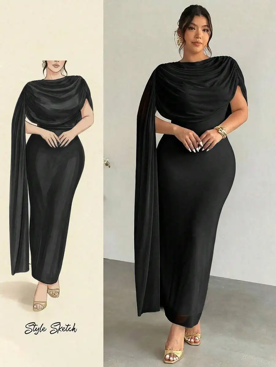 Vestido largo elegante de gasa negra con cuello fruncido y mangas tipo capa para mujer, primavera-verano