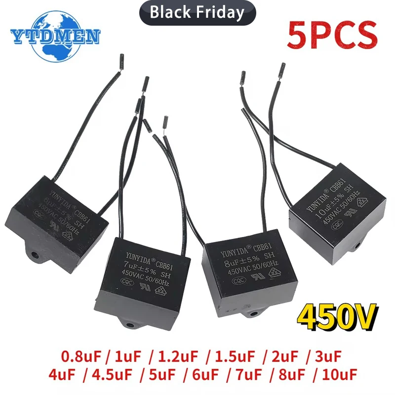 5PCS CBB61 Capacitor 450vac Fan Starting Capacitors 450V 0.8uF 1uF 1.2uF 1.5uF 2uF 3uF 4uF 4.5uF 5uF 6uF 7uF 8uF 10uF