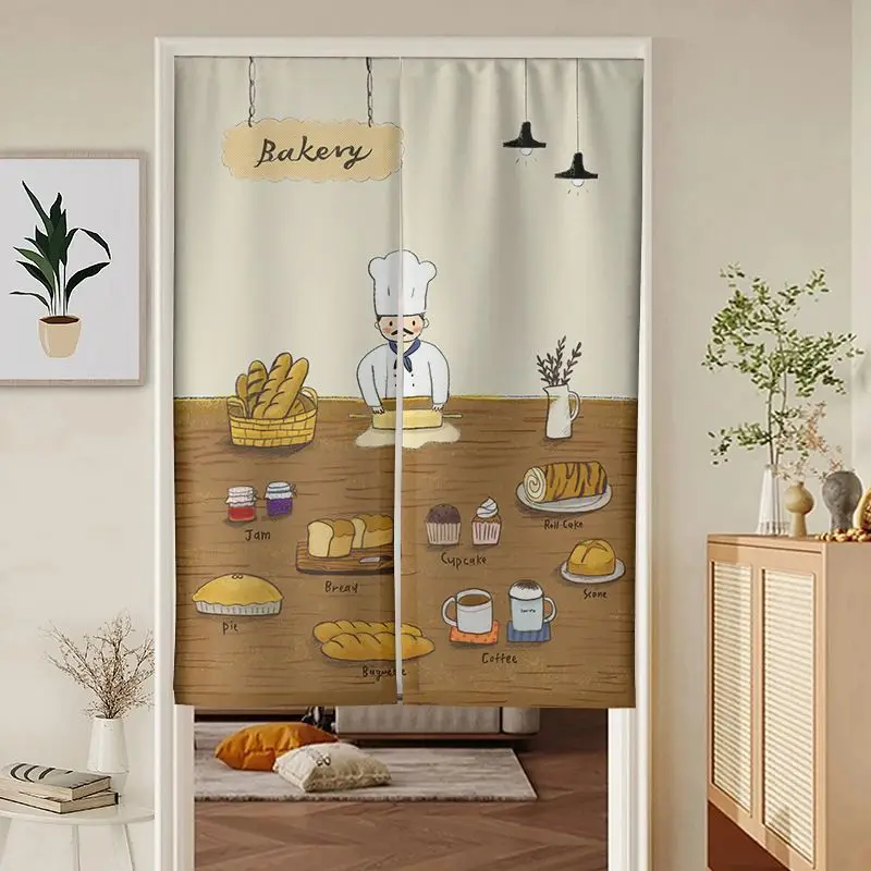VIKAMA Coffee Dessert Hand Drawn Menu Door Curtain Pink Background Cake Tea Pot Macaron Bread Cup Cute Art Linen Noren Bedroom