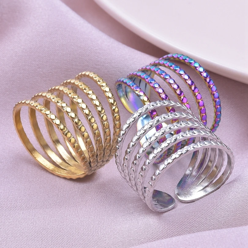 DY7 1/3Pcs Stainless Steel Irregular Hollow Textured Open Finger Rings For Women Personality Vintage Big Wide Men Rings Jewelry