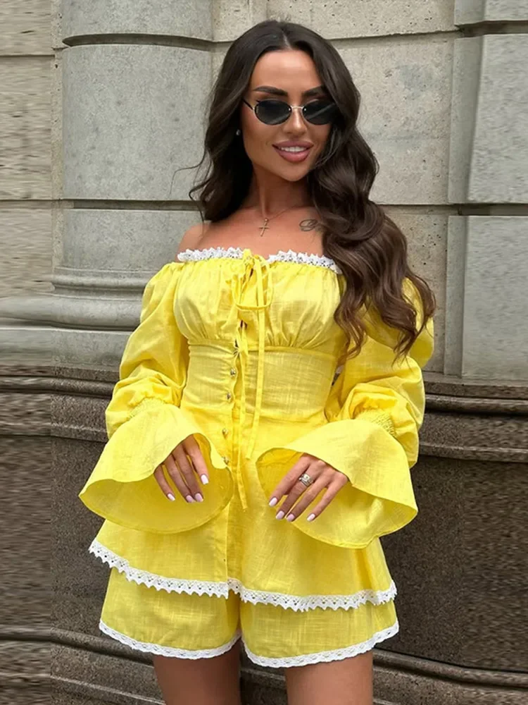 

Lace Ruffle Patchwork Shorts Set Women Elegant Off Shoulder Waist Cinched Single-breasted Shirts Wide Leg Short Pant Lady Suits