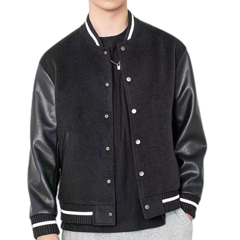 

Striped Rib Trim Men Black Baseball Jacket PU Sleeve Patchwork Stand Collar Casual Woolen Coat Japan Style Streetwear