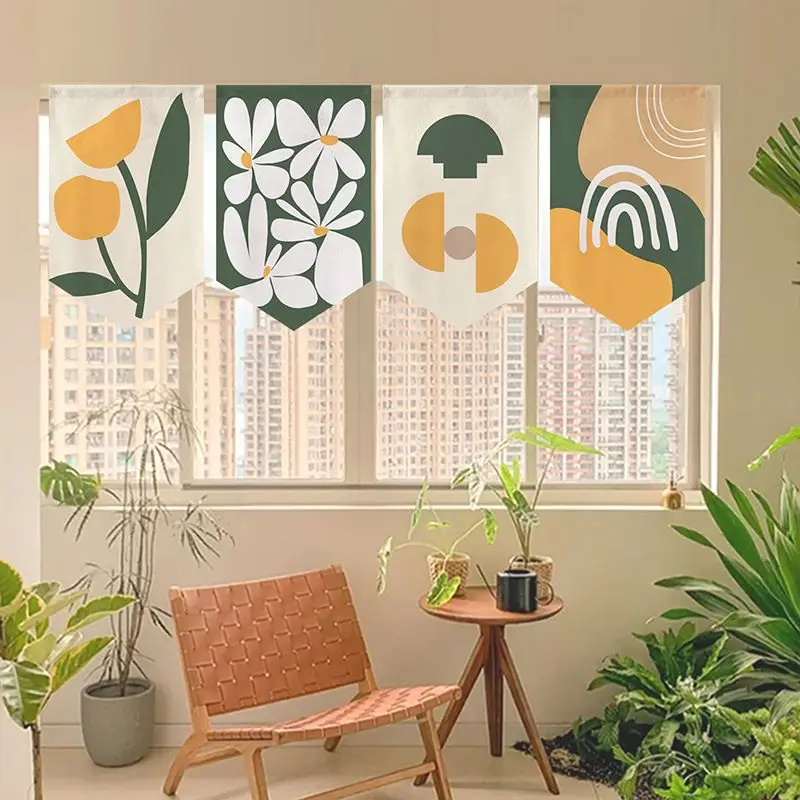 VIKAMA Boho Abstract Plant Line Art Triangle Hanging Banner Noren Curtain Home Kitchen Bistro Entrance Wall Decor