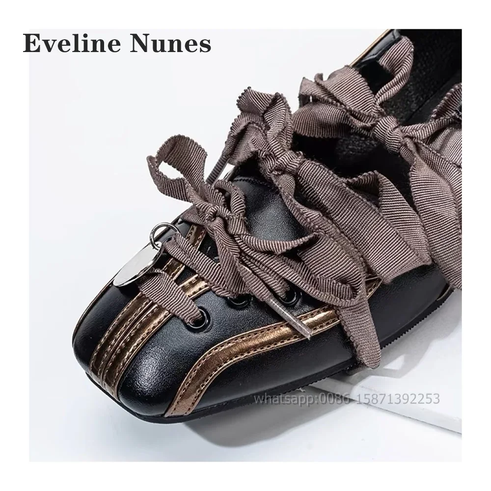 Bow Lace Up Mary Janes Square Toe Flat with Slip On Splicing Lady Sandals Mixed Colors Shallow Metal Decoration Retro Pumps 2024