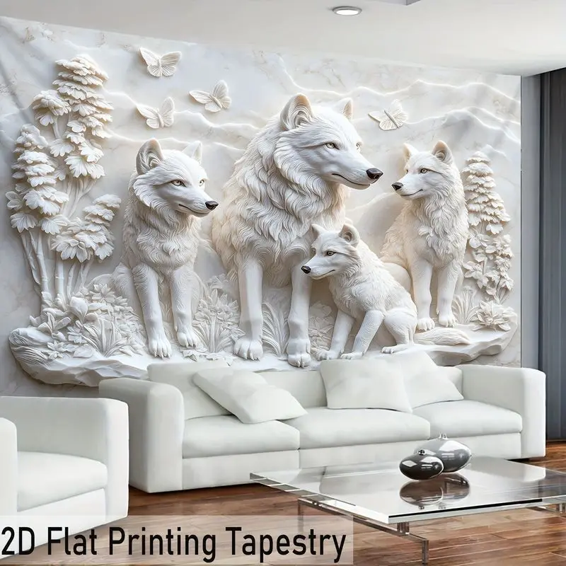 VIKAMA Wolf Pack Tapestry White Marble Wall Hanging Faux Relief Wildlife Animal Wall Art for Living Room Bedroom Decor