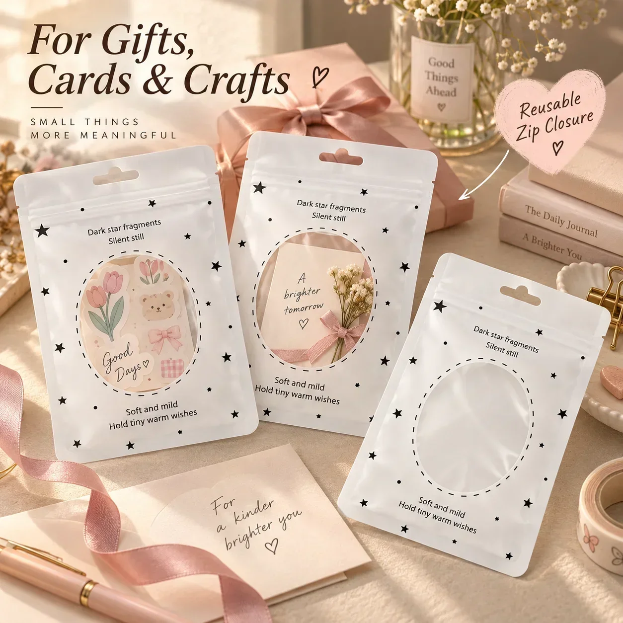 High Beauty Star Window Self-Seal Bag, Journaling Material Gift Wrapping Pouch, Plastic Storage Packaging Bag