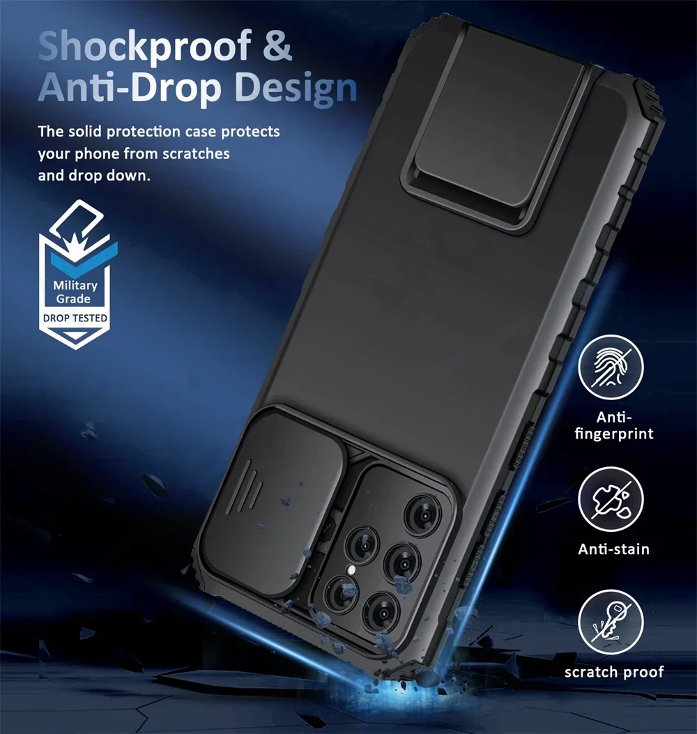Case For Samsung S24 S23 S22 Ultra S21 S25 FE Galaxy A55 A35 A56 4G 5G Slide Camera Kickstand Protective Shockproof Phone Cover