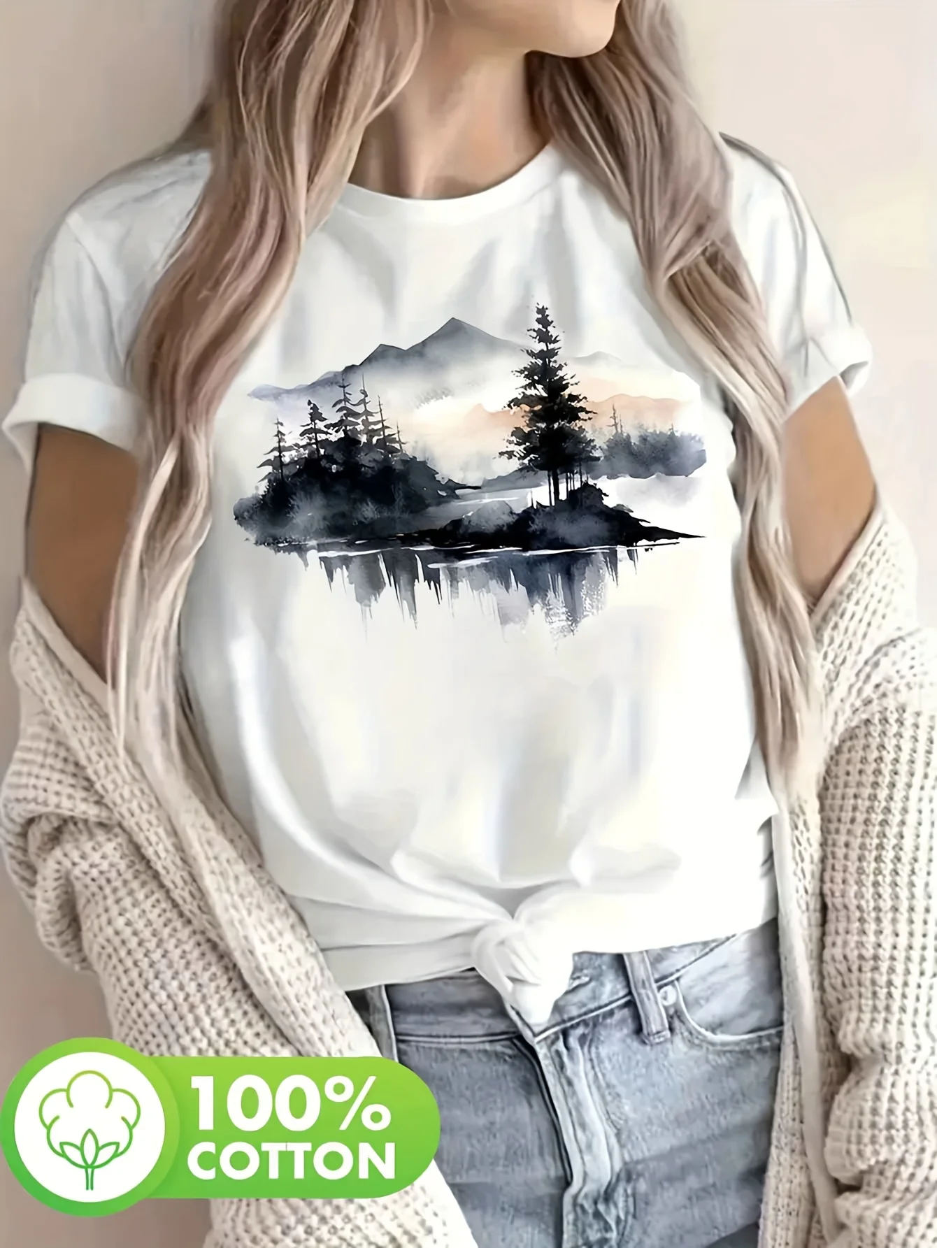 

Women's Watercolor Mountain Landscape Graphic Print T-Shirt - Breathable Short Sleeve Crew Neck Casual Top for