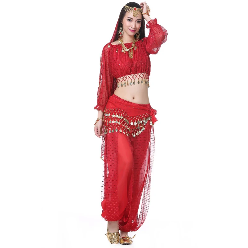 Adult Highlight Belly Dance Costumes Women Bollywood Indian Egyptian Dance Sequin Top+Lantern Long Pants Set Clothes Performance