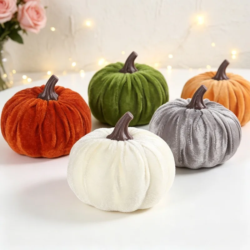 5pcs flocked faux pumpkin velvet simulation pumpkin halloween thanksgiving autumn decorative prop