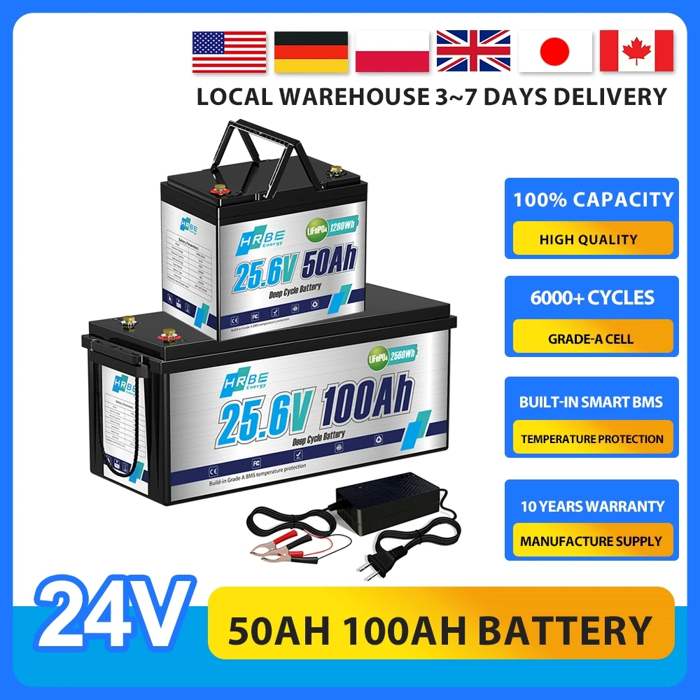 24v 100ah 50ah Lifepo4 Battery Recharge Lithium Iron Phosphate Battery For Home Energy Storage Outdoor Power Supply With Charger