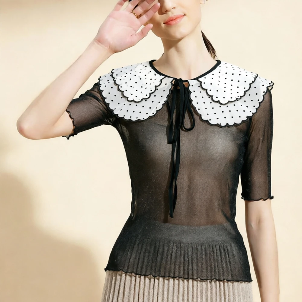 

Women Y2K Silver Shiny Shirt Floral Lace Doll Collar Elastic T Shirt Girl Short Sleeve T-Shirt Female Blouses S-2XL Top Clothing