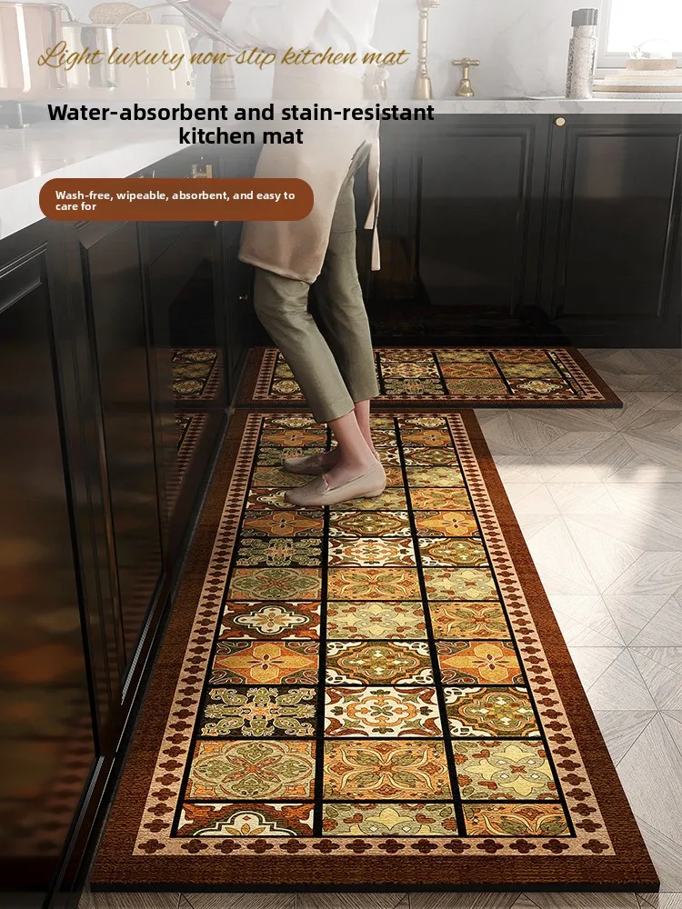 

Retro Kitchen Floor Mat Anti-Slip Oil Resistant Waable Carpet Water Absorbent PVC Special Purpose New Model Home Fabric