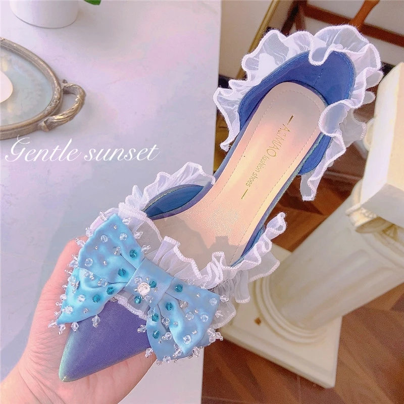 Silk Sexy High Heels Women Ruffles Bow Lolita Sweet Ladies Wedding Shoes Pointy Toe Slip On Rhinestones Pumps Celebrity Shoes