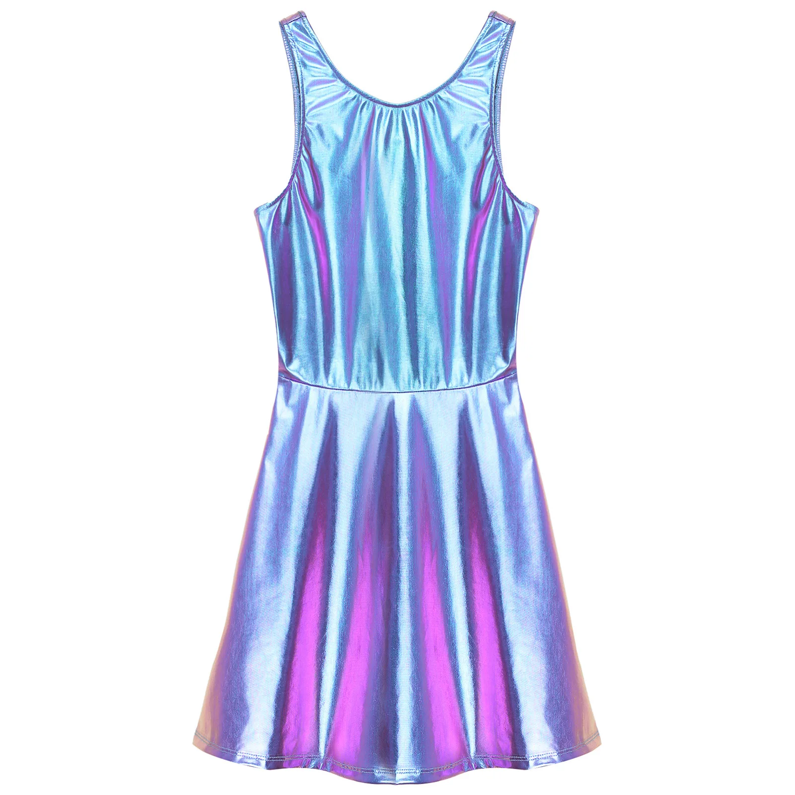 Hot Girl Metallic Shiny Backless Cocktail Party A-line Mini Dresses High Waist Club Party Disco Holographic Jazz Dance Costume