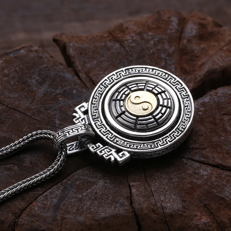 925 Sterling Jewelry Men And Women, Tai Chi Bagua Rotating , Thai Silver Vintage Necklace Pendant