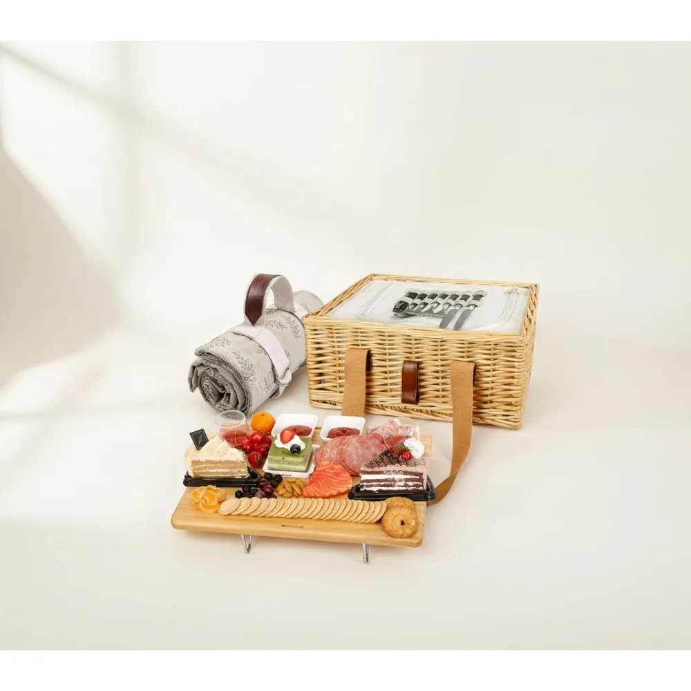 

2-Person Picnic Basket Set with Folding Wine Table, Insulated Cooler & Cutlery - Perfect Couples Wedding Gift