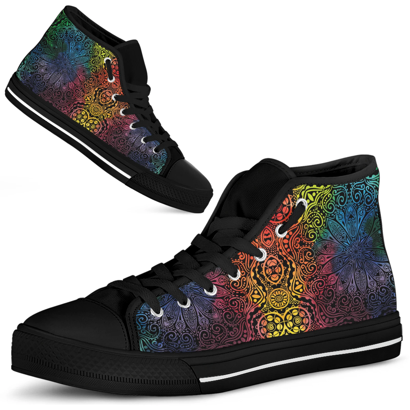 ELVISWORDS Gradient Color Boho Mandala Flower Women's Shoes Black Soft Bottom Lace-up Casual Sneakers Brand Canvas Walking Shoes