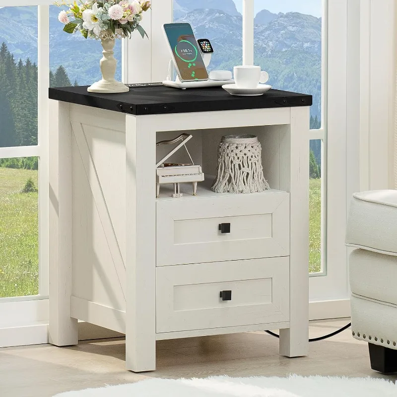 Nightstand with Charging Station and USB Port, Farmhouse Night Stand with 2 Drawers and Shelf Storage, Wooden Side End