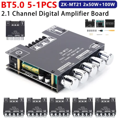 ZK-MT21Placa amplificadora de potencia Digital 2x50W + 100W Bluetooth 5,0 2,1 canales Subwoofer de potencia de graves 12V 24V Placa amplificadora de Audio
