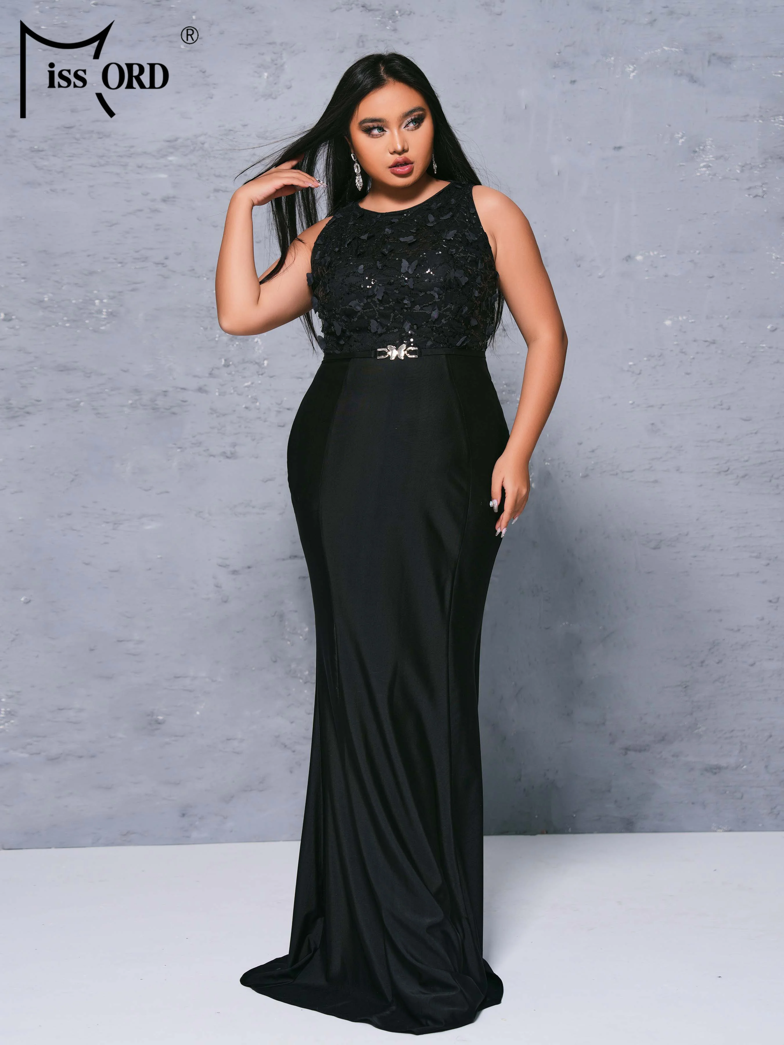 

Missord Plus Size Round Neck Sleeveless Panel Black Mermaid Evening Large Evening Formal Occasion Dresses