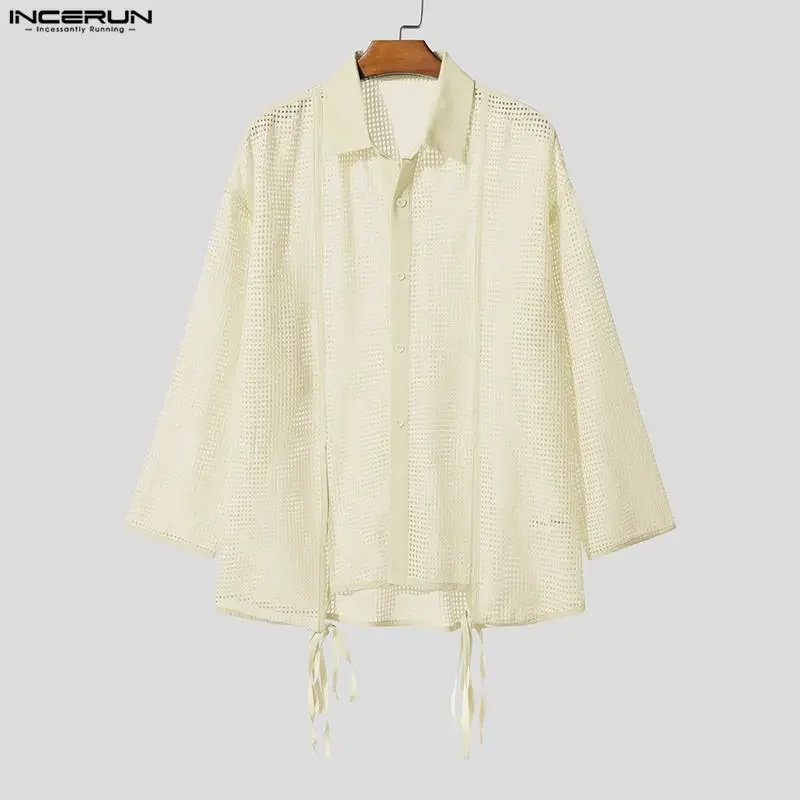INCERUN Men Shirt Solid Color Lapel Long Sleeve Hollow Out Men Clothing Streetwear Lace Up 2026 Loose Fashion Casual Male Tops