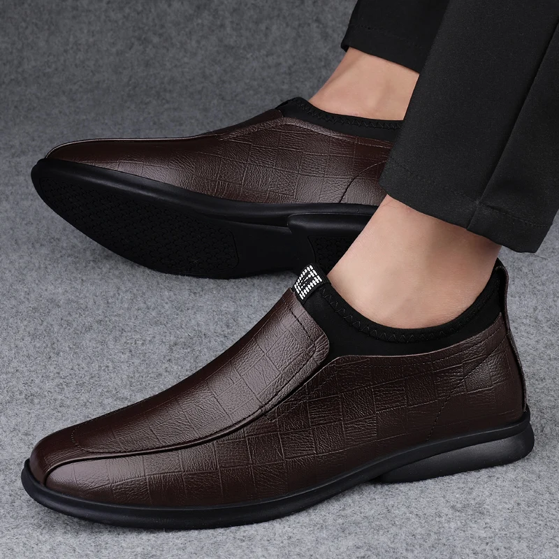 Genuine Leather Business Shoes Flat Slip-on Leather Mens Casual Shoes Senior Brand Male Footwear Mid Top Loafers Black and Brown