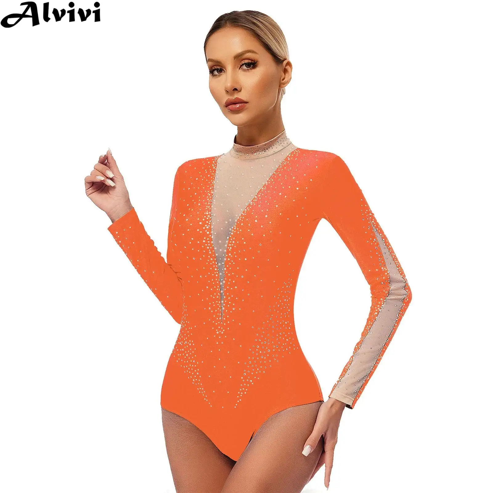 Women Figure Skating Leotard Long Sleeve Sheer Mesh Rhinestone Bodysuit Ballet Dance Rhythmic Gymnastics Acrobatics Costume