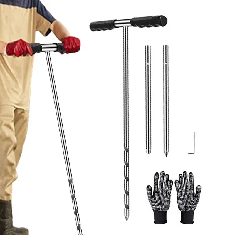 Soil Sample Probe Stainless Steel Ground Probe Rod with T Handle Includes Gloves Garden Soil Test Kit Soil Core Sampling Tool 17