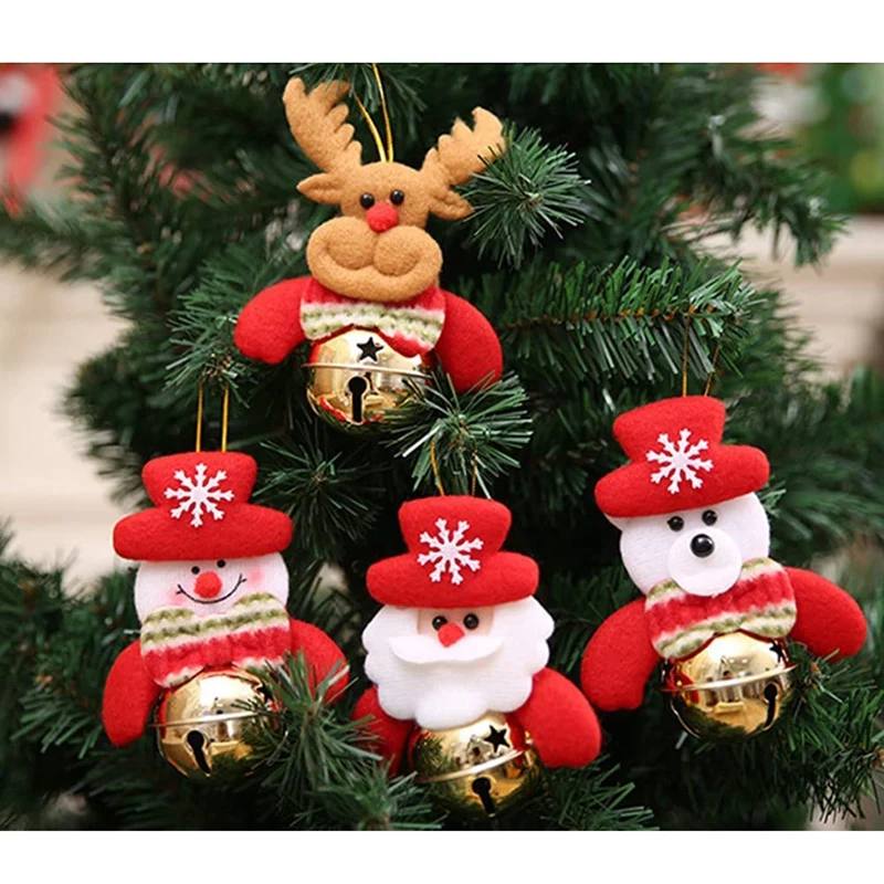 Christmas Tree Jingle Bells Ornaments, Plush Snowman/ Santa / Bear/ Reindeer Hanging Home Christmas Decorations