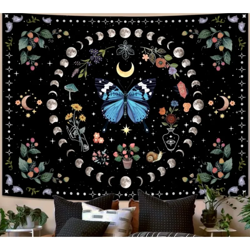 

Blue Butterfly Moon Flower Wall Hanging - Botanical Boho Floral Tapestry for Bedroom and Living Room
