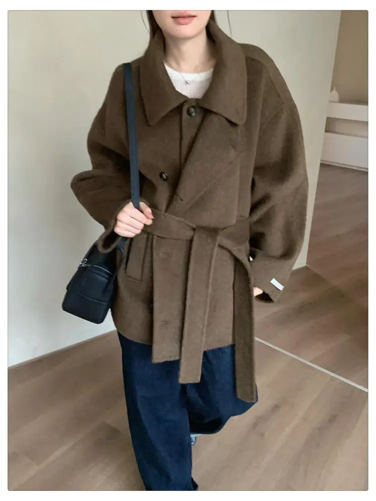 Jaquetas curtas de lã alpaca da senhora 2025 outono e inverno gola único breasted rendas soltas casacos de lã femininos grossos