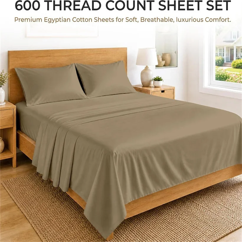 100% Long-Staple Egyptian Cotton Bed Sheet Set 600TC Cotton 4/6pcs Bedding Set Sateen Weave Cloud-Soft Fitted Sheet Flat Sheet