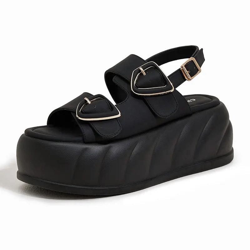 2026 7.5CM Women Sandals High Heels New Summer Ladies Microfiber Leather Wedge Shoes High Platform Slippers Buckle Sandal Woman