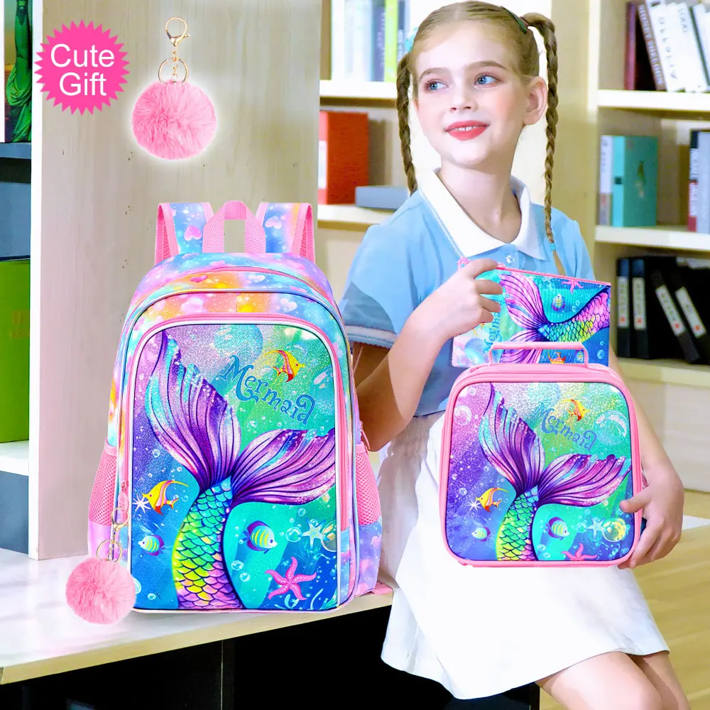 Zaini da 3 pezzi per ragazzi, coda per bambini elementari da 16 pollici del pesce colorato è rosa Zaino per libri scolastici in età prescolare e portapranzo