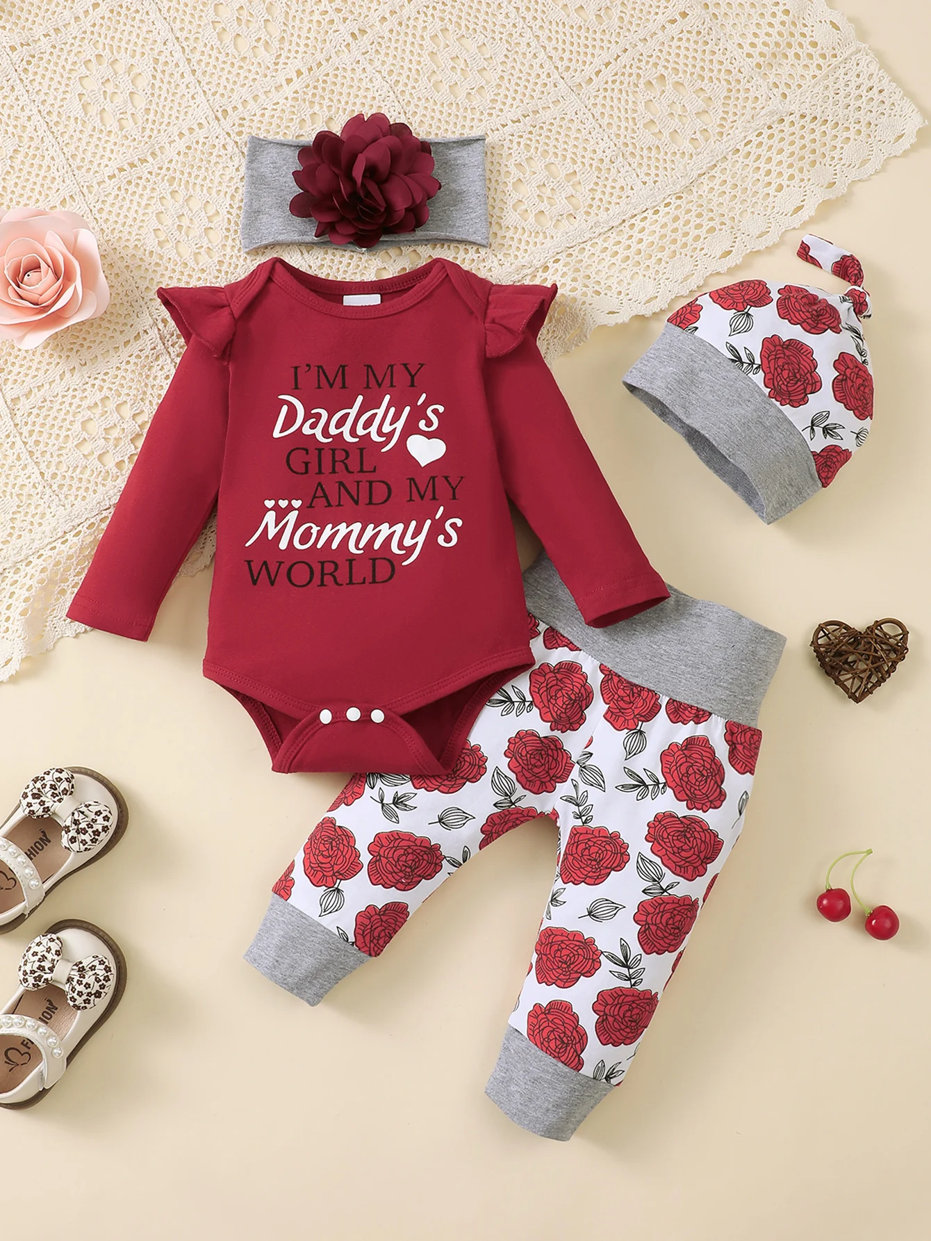 

Winter 0-1 Years Old Infant Baby Girls Long Sleeved Letter Printing Romper Flower Printed Full Print Pants With Hat And Headband