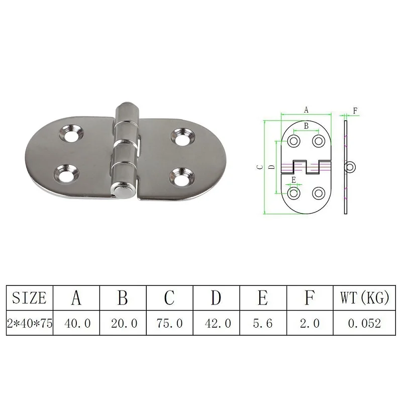 2PCS Hinges Cast Grade Stainless Steel 304 2X40X75MM Marine Boat Caravan Hinge Oval Shape