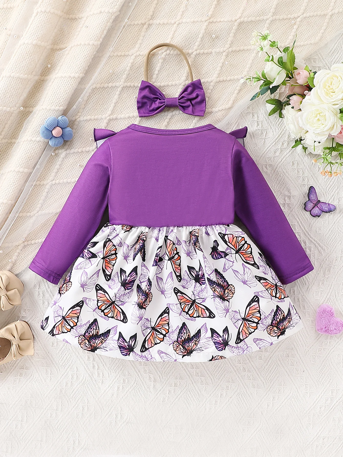 Baby Girl Fashion Casual Purple Knitted Fabric Splicing Butterfly Full Print Round Neck Long Sleeve Dress with Bow Decoration