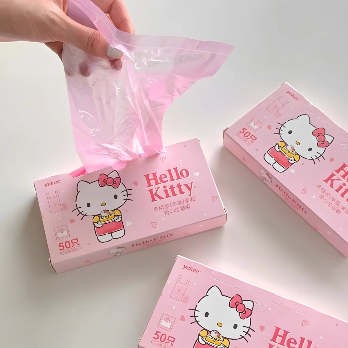 50pcs Cute Hello Kitty Disposable Garbage Bags Portable Pink Vest Type Trash Bags for Car Desktop