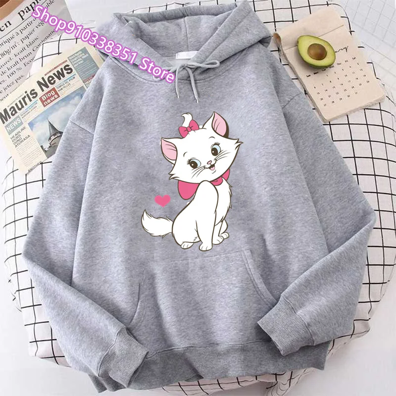 The Aristocats Marie Cat Print Women Sweatshirt Soft Casual Loose Vintage Female Hoodies 2024 Winter Warm Fleece Hooded Girls