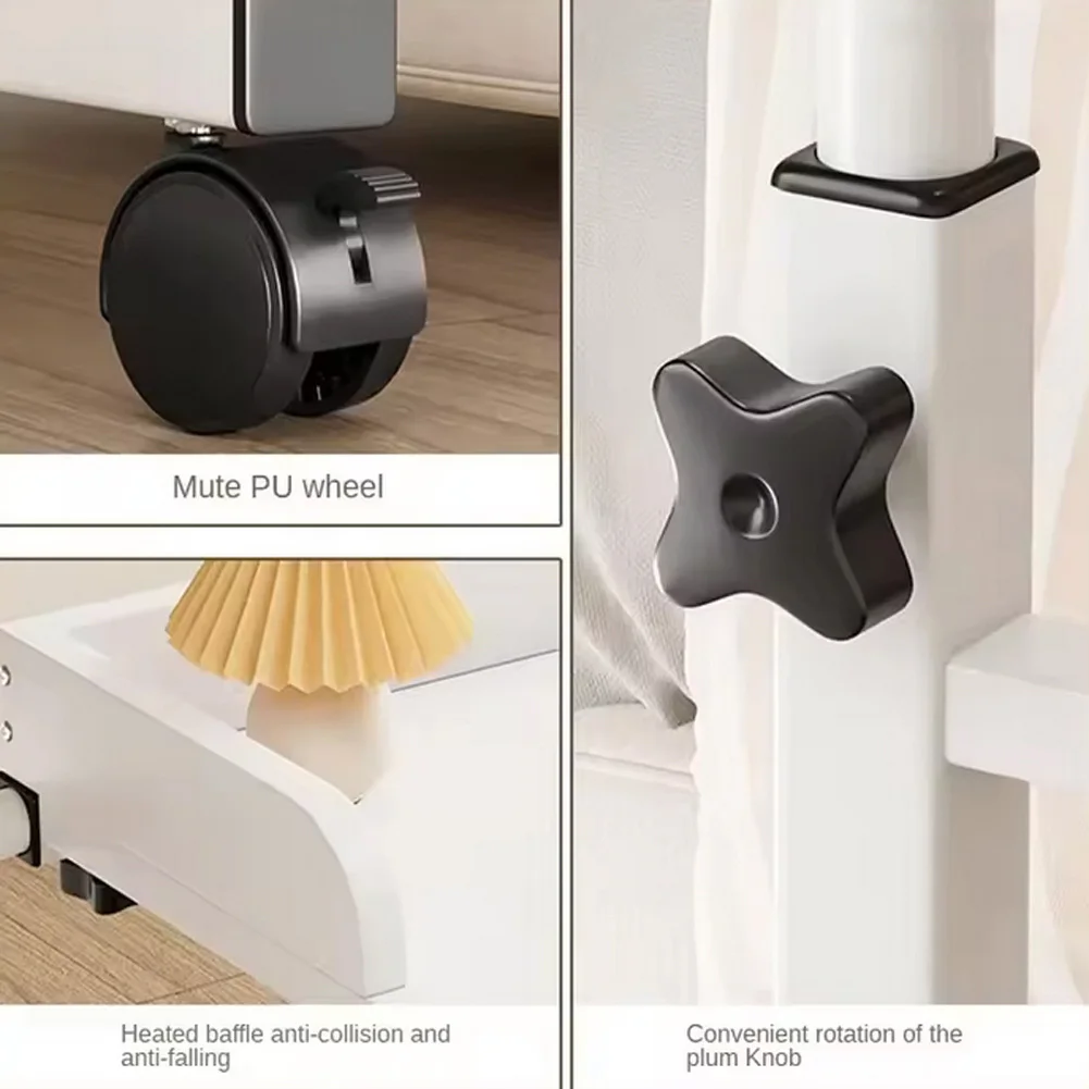 طاولة فوق السرير بعجلات، طاولة فوق السرير قابلة للتعديل مع 4 عجلات قابلة للقفل، طاولة كمبيوتر محمول بتصميم حافة منحنية