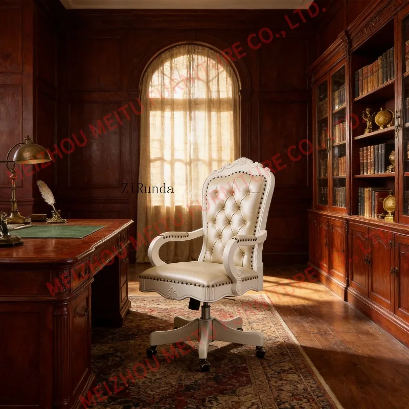 White tufted leather swivel chair, high-backed cherry wood with nail head decoration and wheeled office chair, vintage-s
