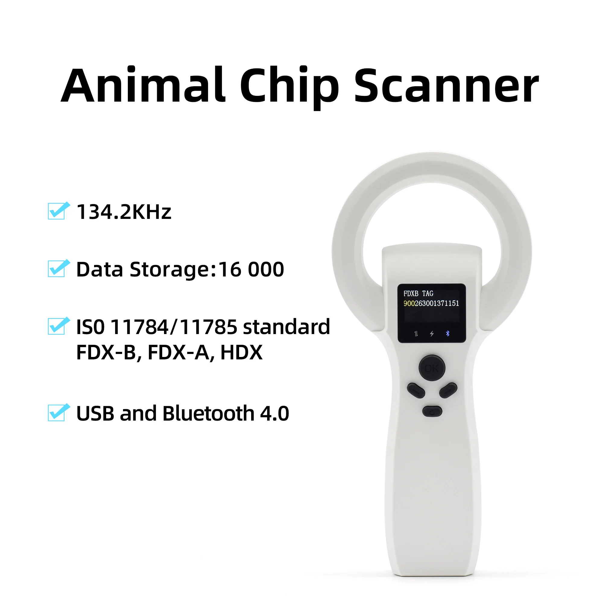 Handheld 134.2KHz 125kHz Animal RFID Reader Pet Cat Dog Microchip Scanner FDX-B/A Glass Chip USB/Bluetooth Tag Reader with Tags
