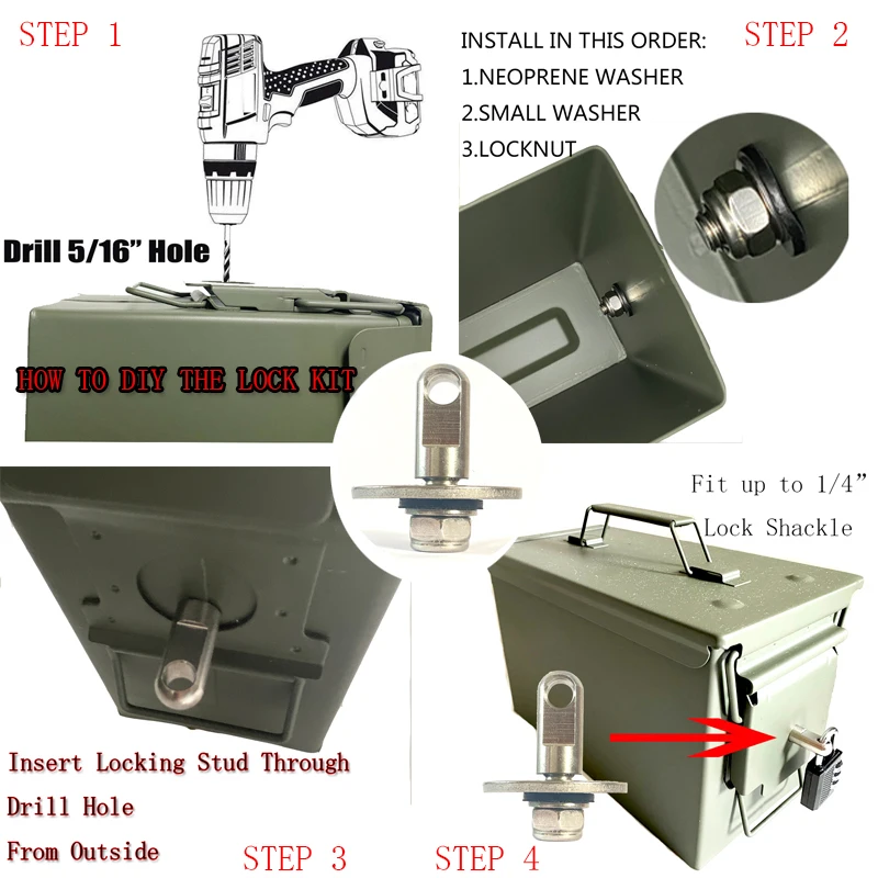 Aço Gun Lock Kit Munição, Caso bloqueável, 50 Cal Munição Can, Kit Hardware seguro, 40 50 mm Pistol Bullet, No Box