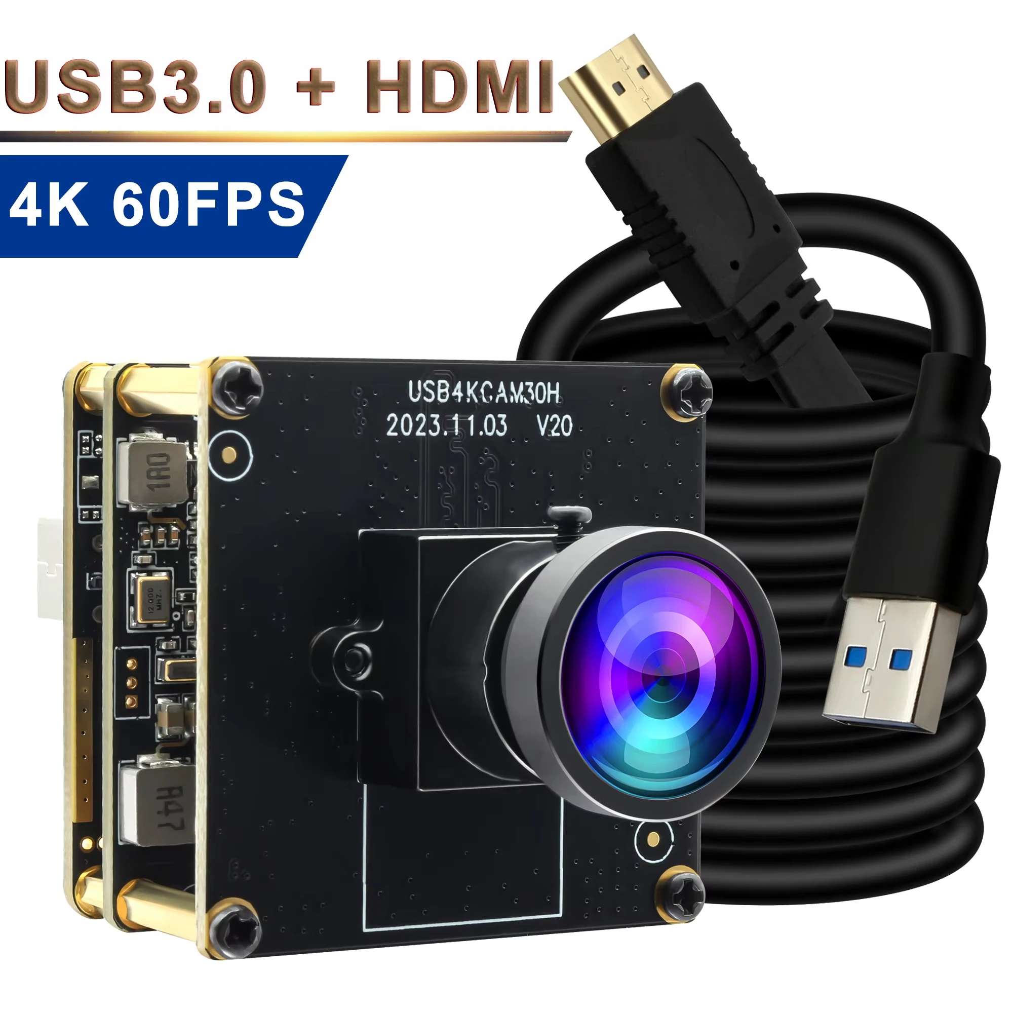 ELP USB3.0 HDMI Camera 4K 60FPS Ultra HD Live Streaming Camera Module with No Distortion Lens Video Recording Industrial Webcam