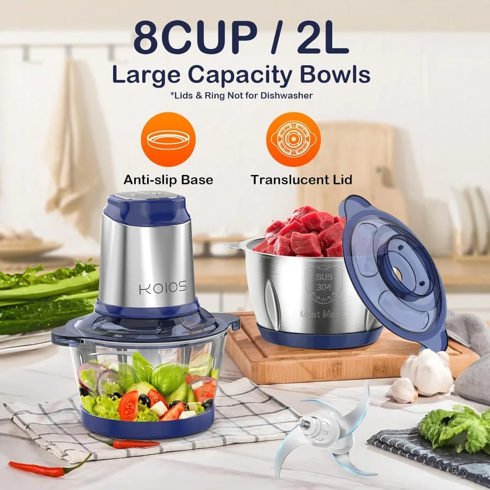 500W Powerful Electric Food Processor with 8 Cup Stainless Steel & Glass Bowls, 2 Speed Mode Electric Meat Grinder Chopper