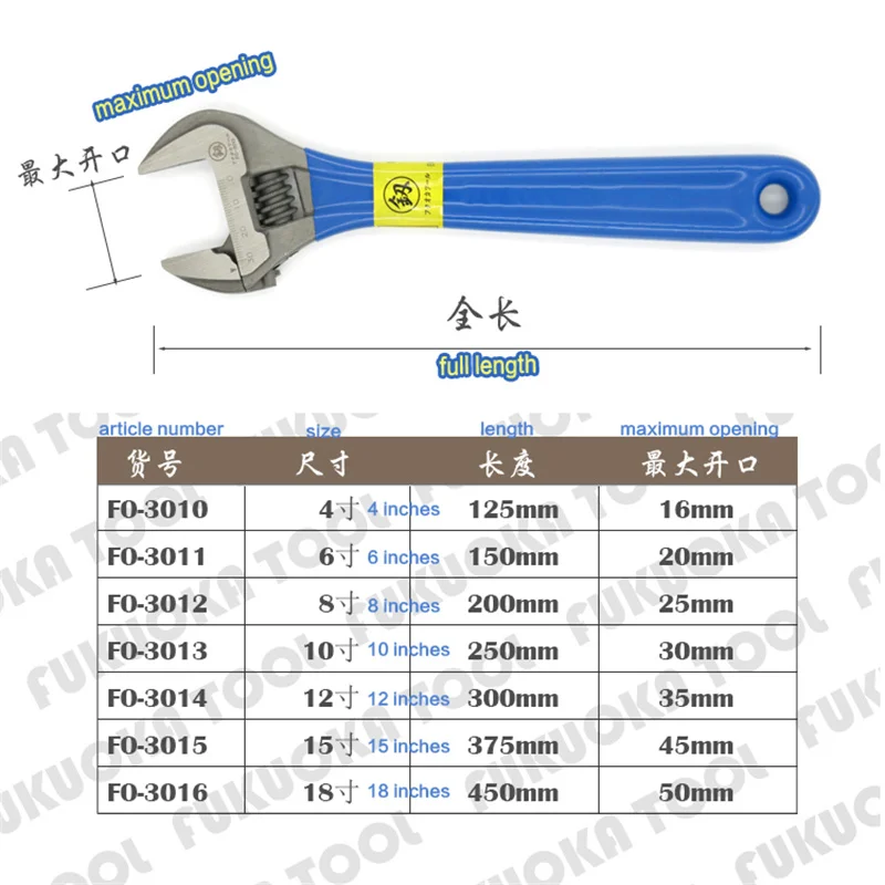 Japan's Fukuoka Tools 12 Inch Imported Large Opening Activity Heavy-duty Sticky Plastic Active Wrench Mini