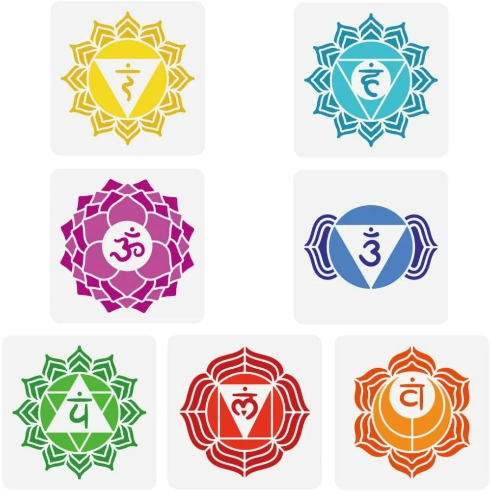 7 Pcs Human Chakra Symbols Painting Stencil 5.9 Inch Reusable Mandala Flower Spraying Stencil Yoga in Chakra Stencil Large