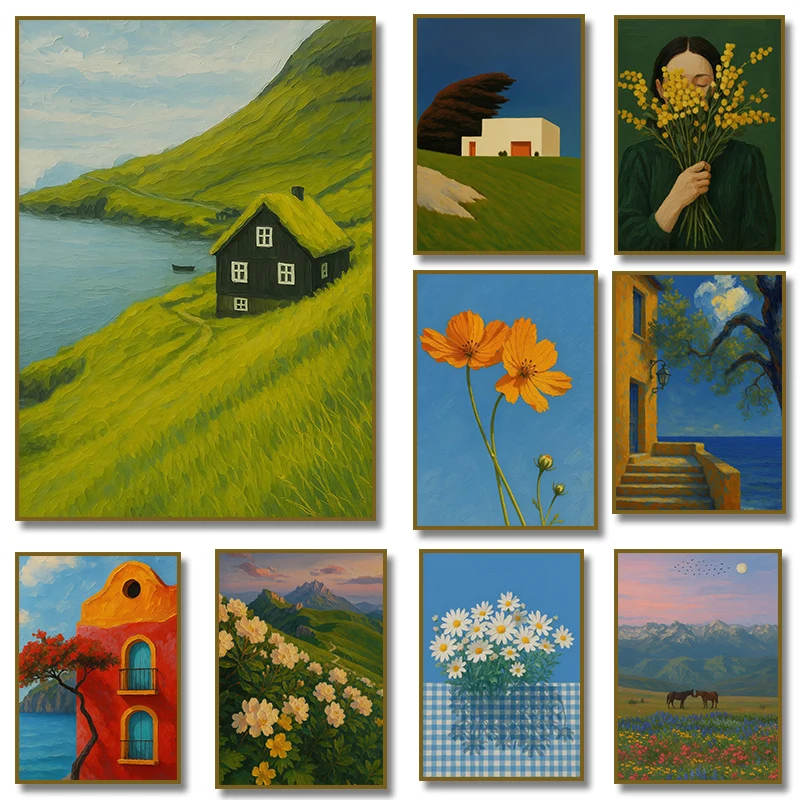 1pc framless Canvas Painting Mountain Sunset Horses Green Hillside Cottage  Wildflower Landscape Swan Poster Canvas Painting
